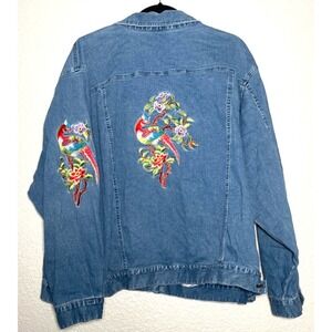 Vintage Yi Lin Jean‎ Jacket Women's 3X Blue Denim Floral Bird Embroidered